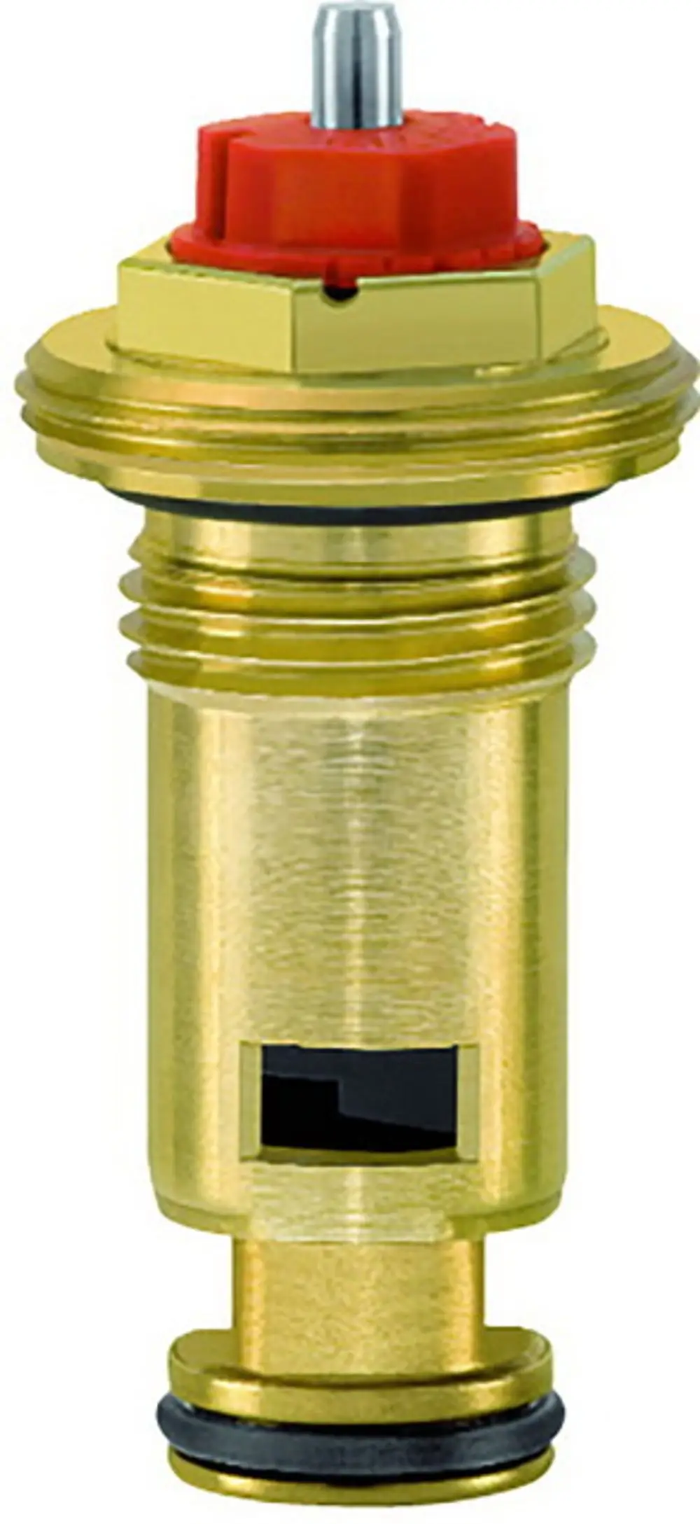 Thermostat-Oberteil in Goldfarbe mit rotem Einstellrad und einer Dichtungsringbasis, hergestellt von IMI Hydronic Engineering.